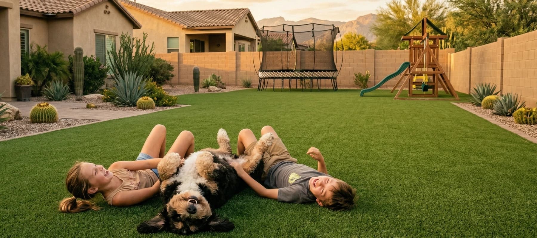 Children and a dog relaxing on a clean northwest Tucson lawn
