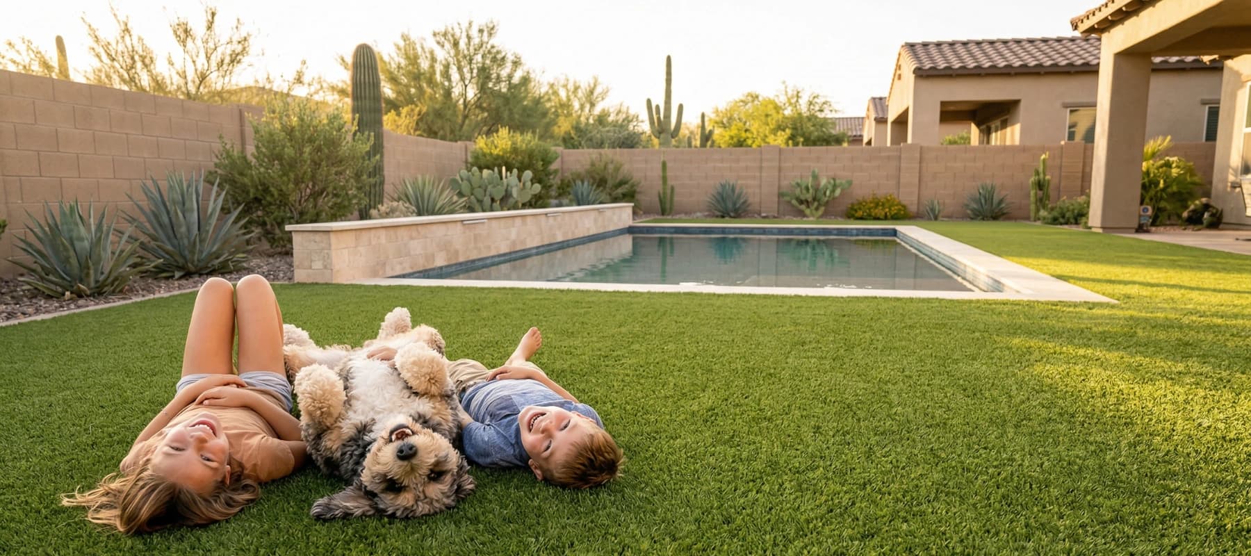 Kids and a dog relaxing in a clean Tucson backyard