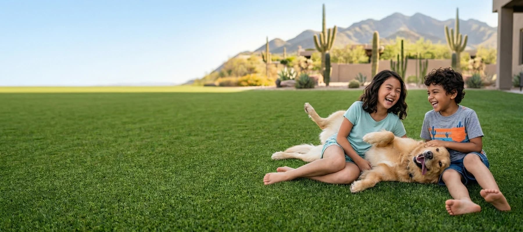 Kids and a dog enjoying a clean backyard in Vail