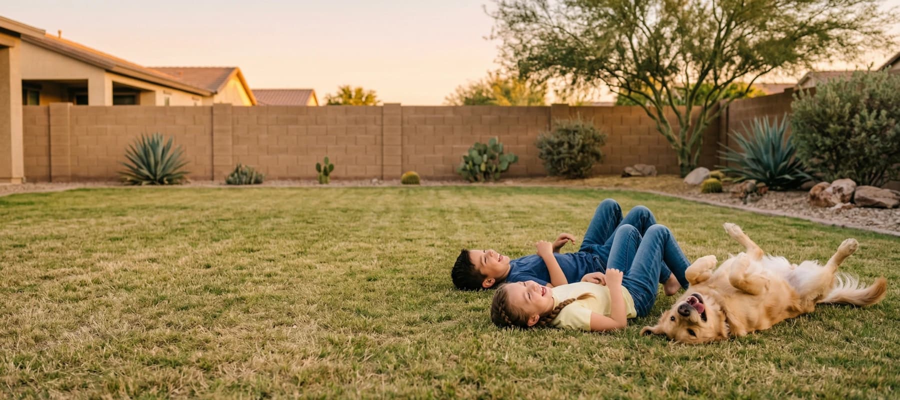 Arizona backyard with dogs and a sunset sky