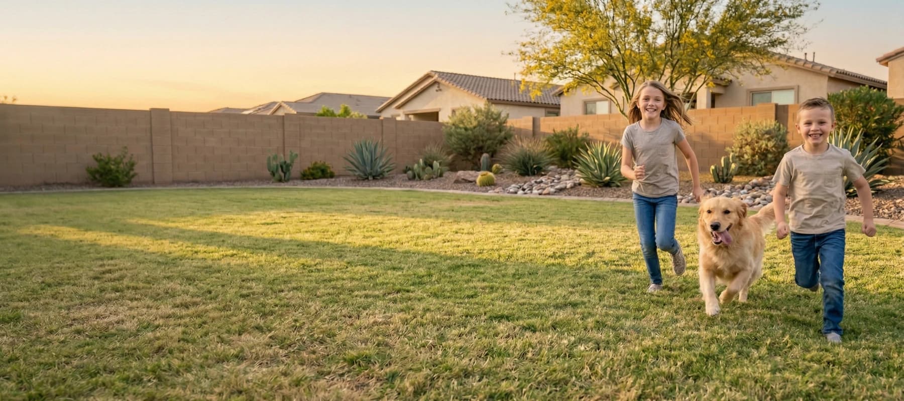 Kids and a dog relaxing in a clean suburban backyard