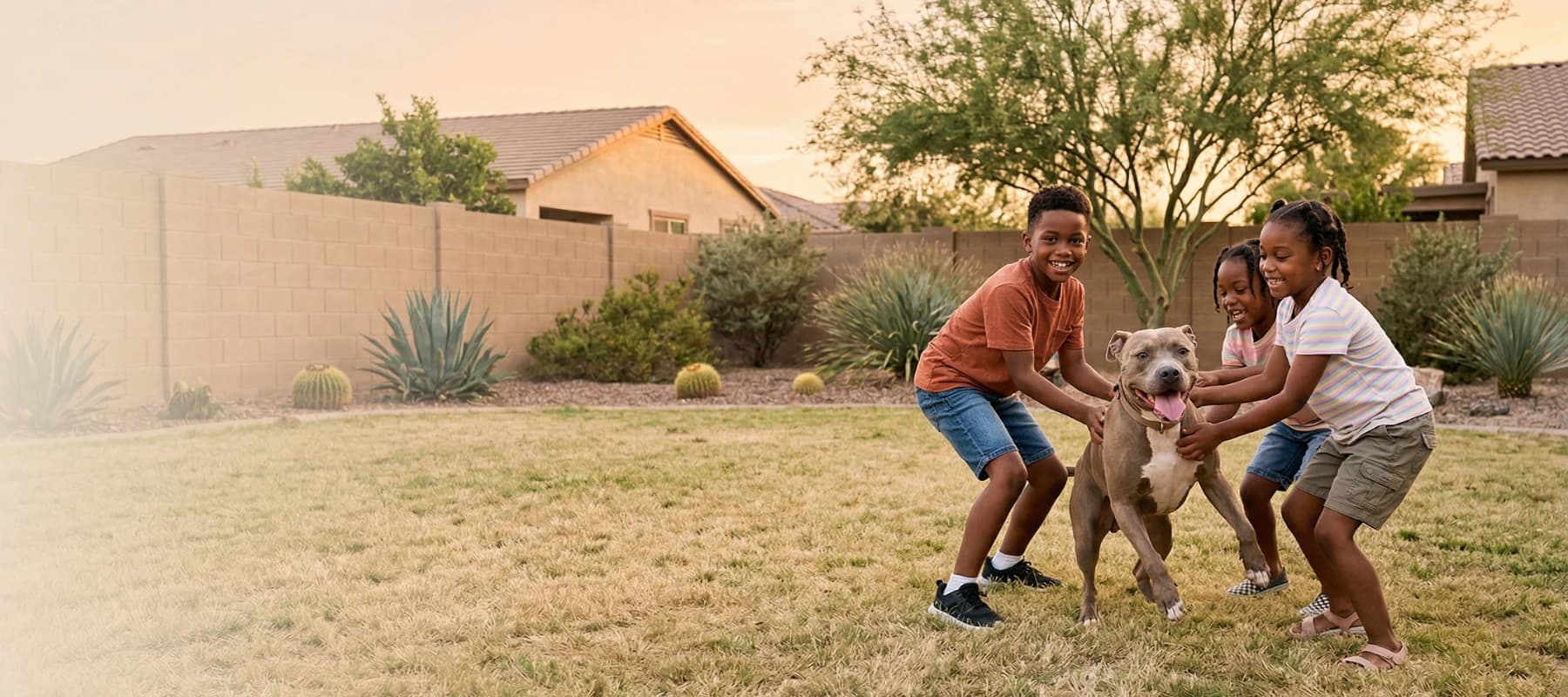 Family and dog enjoying a clean Tucson backyard