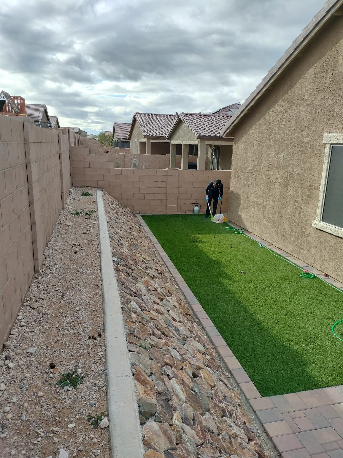 Backyard with a wide lawn section and desert perimeter