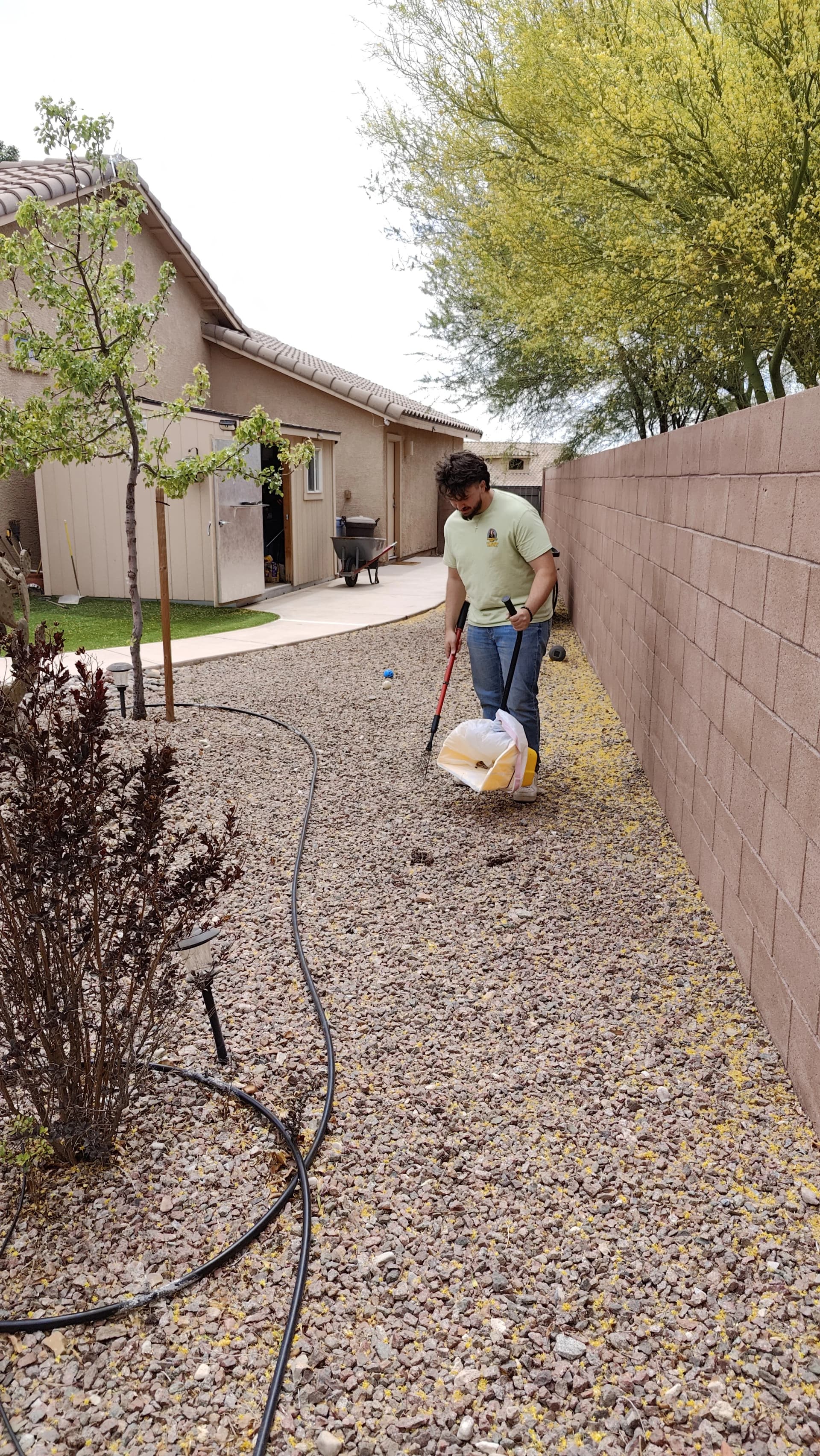 Cleanup crew member moving through a yard route