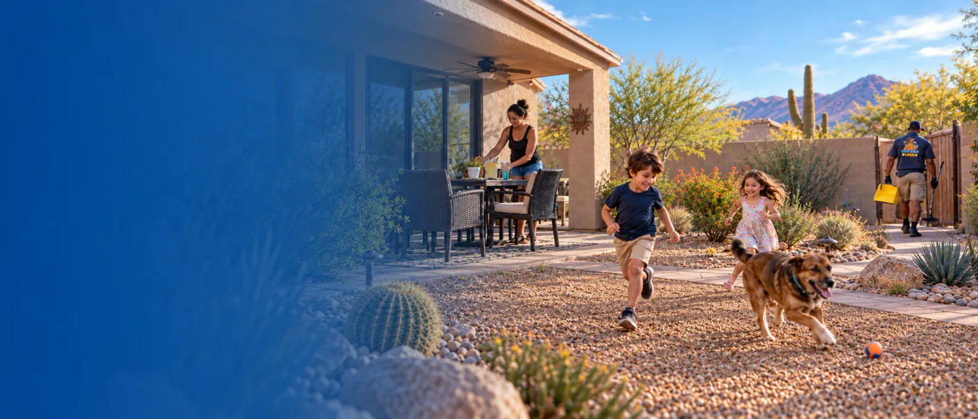 Tucson children playing with their dog while a Scoop Doggy Logs team member cares for the yard