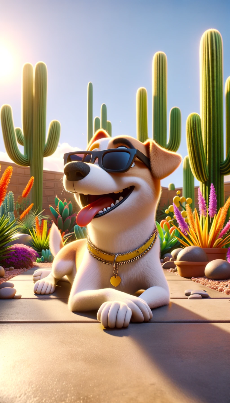 Dog laying in the sun with sunglasses in a clean Tucson yard - Scoop Doggy Logs pet waste removal